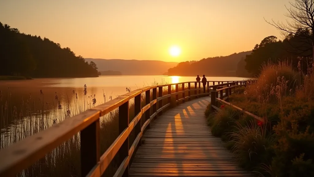 Serene lakeside boardwalk with calm waters and natural surroundings