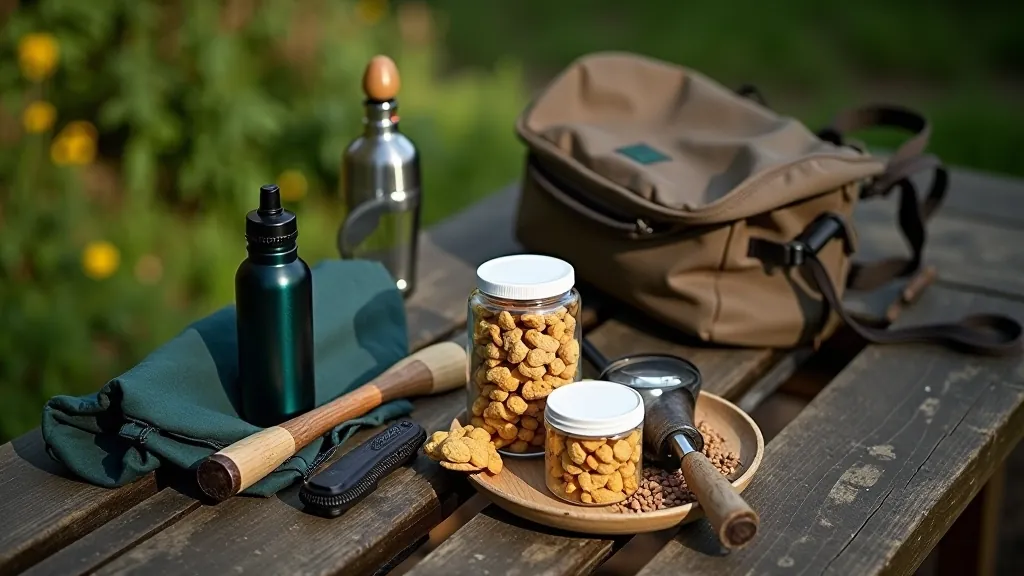 Hiking essentials arranged on wooden surface including water bottle, snacks, compass, and practical items for outdoor trail walks