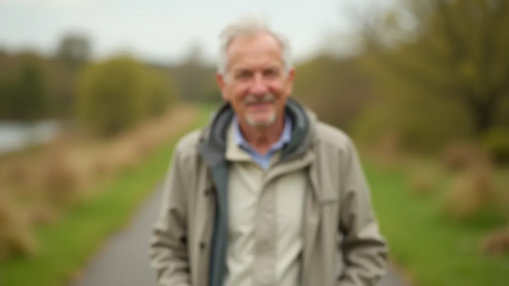 Older adult aged 65 fully clothed in practical outdoor walking attire, portrait from chest up, outdoor setting, natural lighting