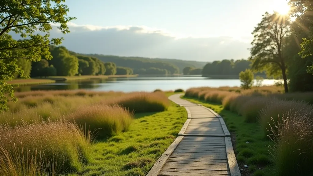 Wide landscape view of parkland with water in distance and art installation visible, scenic natural environment