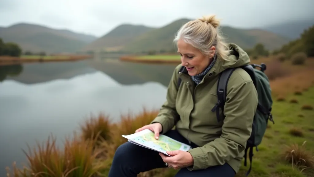 Síle O'Connor working on trail accessibility assessment at Lough Boora Parklands, reviewing landscape with notes and map