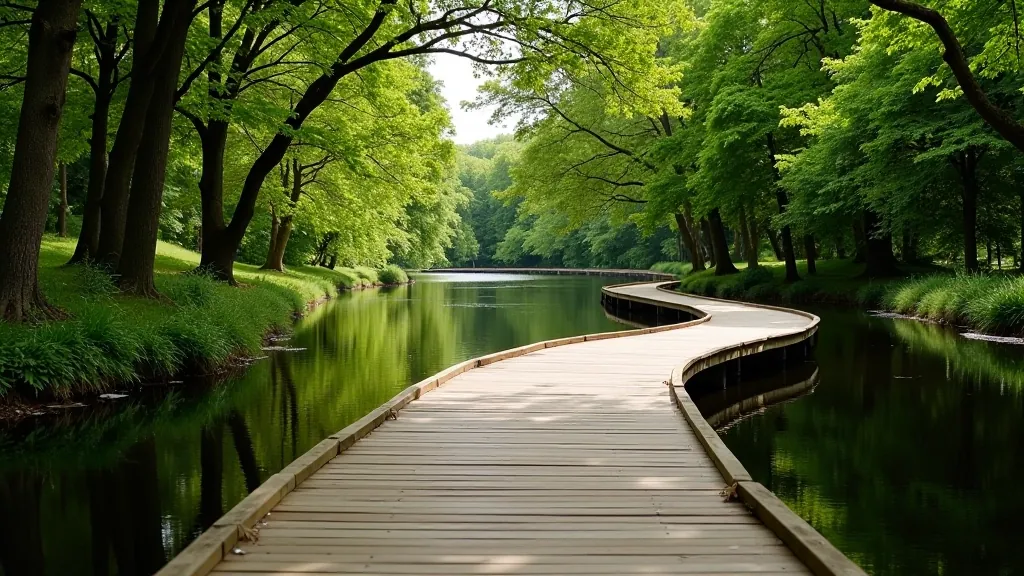 Wooden boardwalk pathway winding through natural landscape with sculptures visible in distance, accessible walking trail in parkland