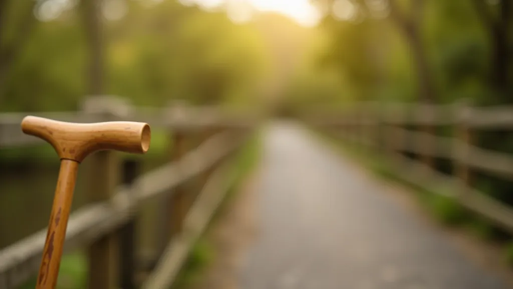 Walking stick leaning against wooden boardwalk railing, park pathway visible ahead, overcast outdoor lighting, crisp detail